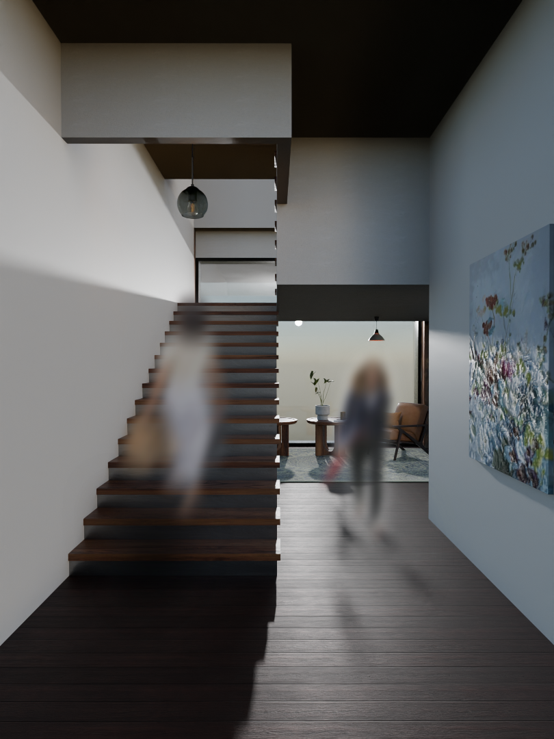 Ground floor stair and entry rendering from Adolescent Escape.