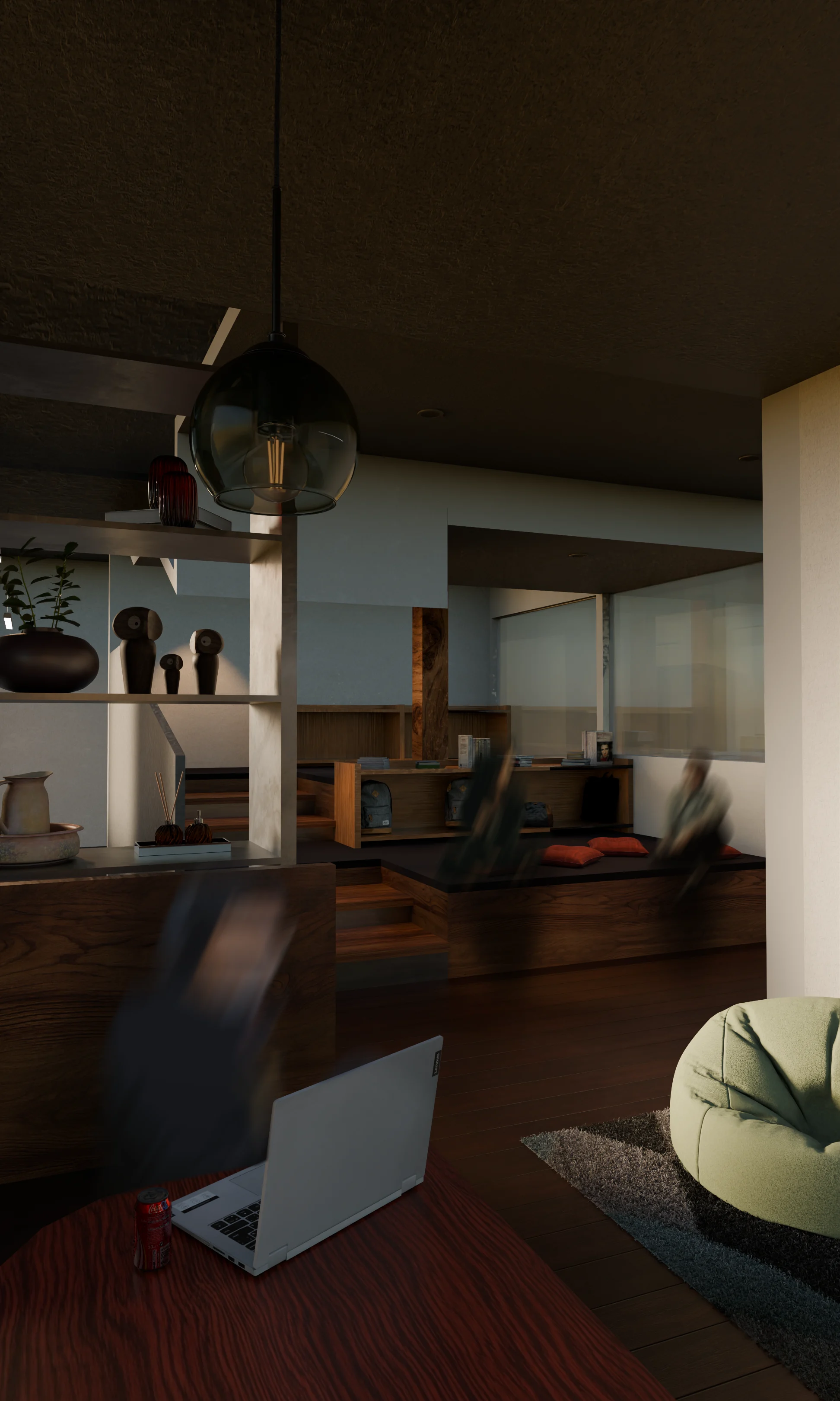 Rendered second floor lounge view from Adolescent Escape.