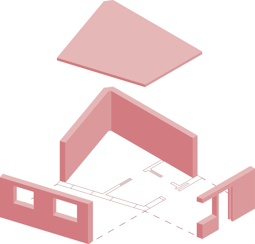 Exploded axonometric drawing of the on-site clinic.