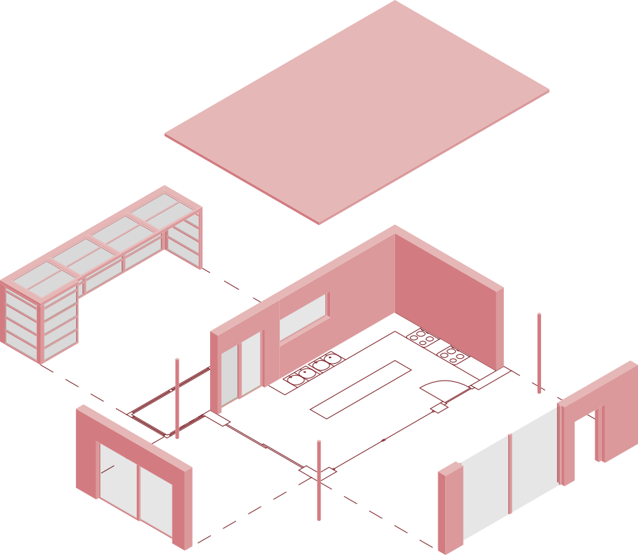 Exploded axonometric drawing of the greenhouse and kitchenette.
