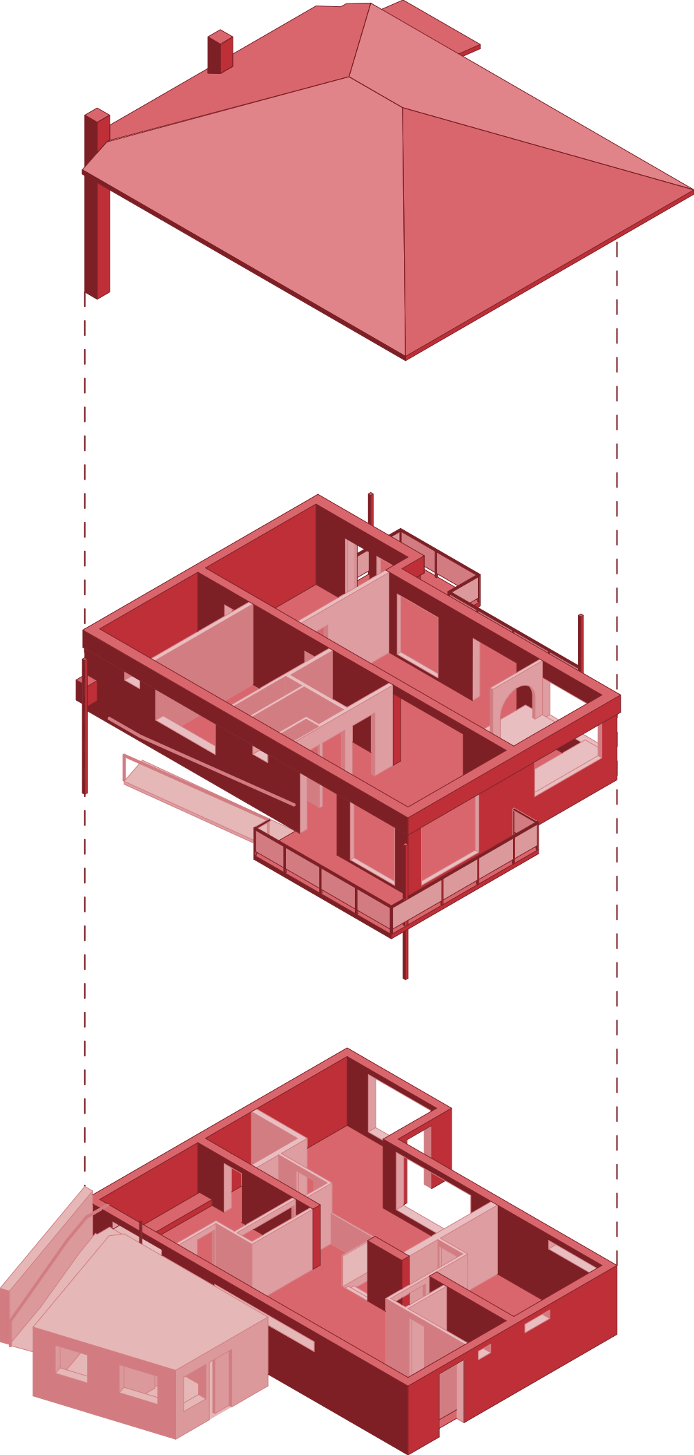 Exploded house axonometric drawing for Ανάληψη.