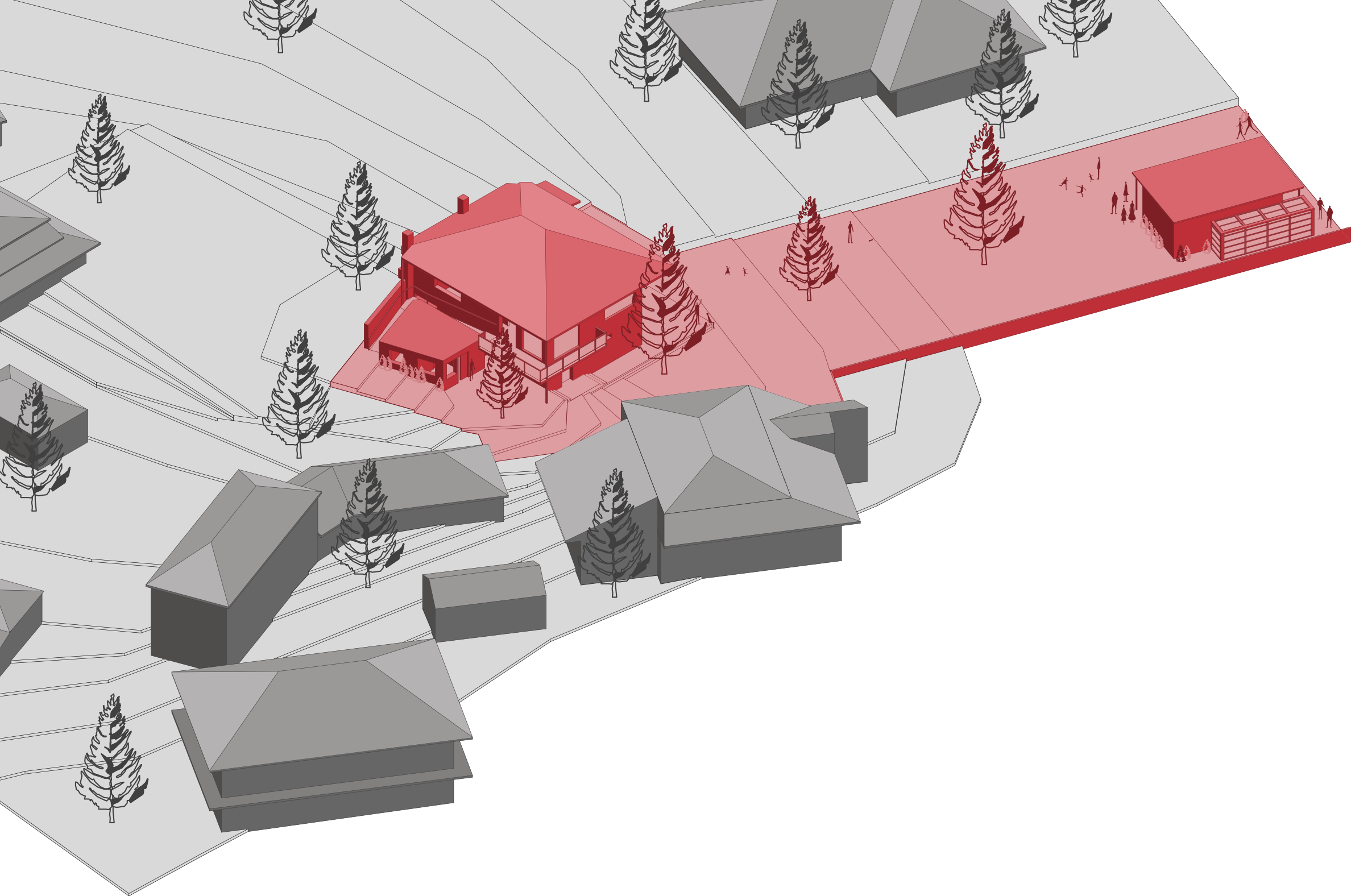 Site axonometric drawing for Ανάληψη showing the property, house, greenhouse, and highlighted accessible site intervention.