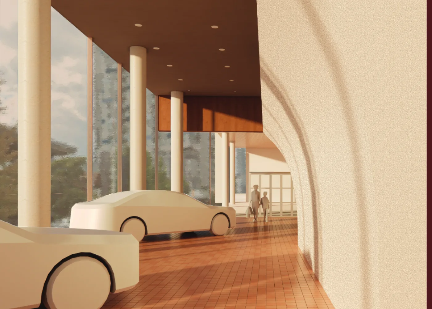 Rendered Porsche Reimagined showroom exterior/interior threshold.