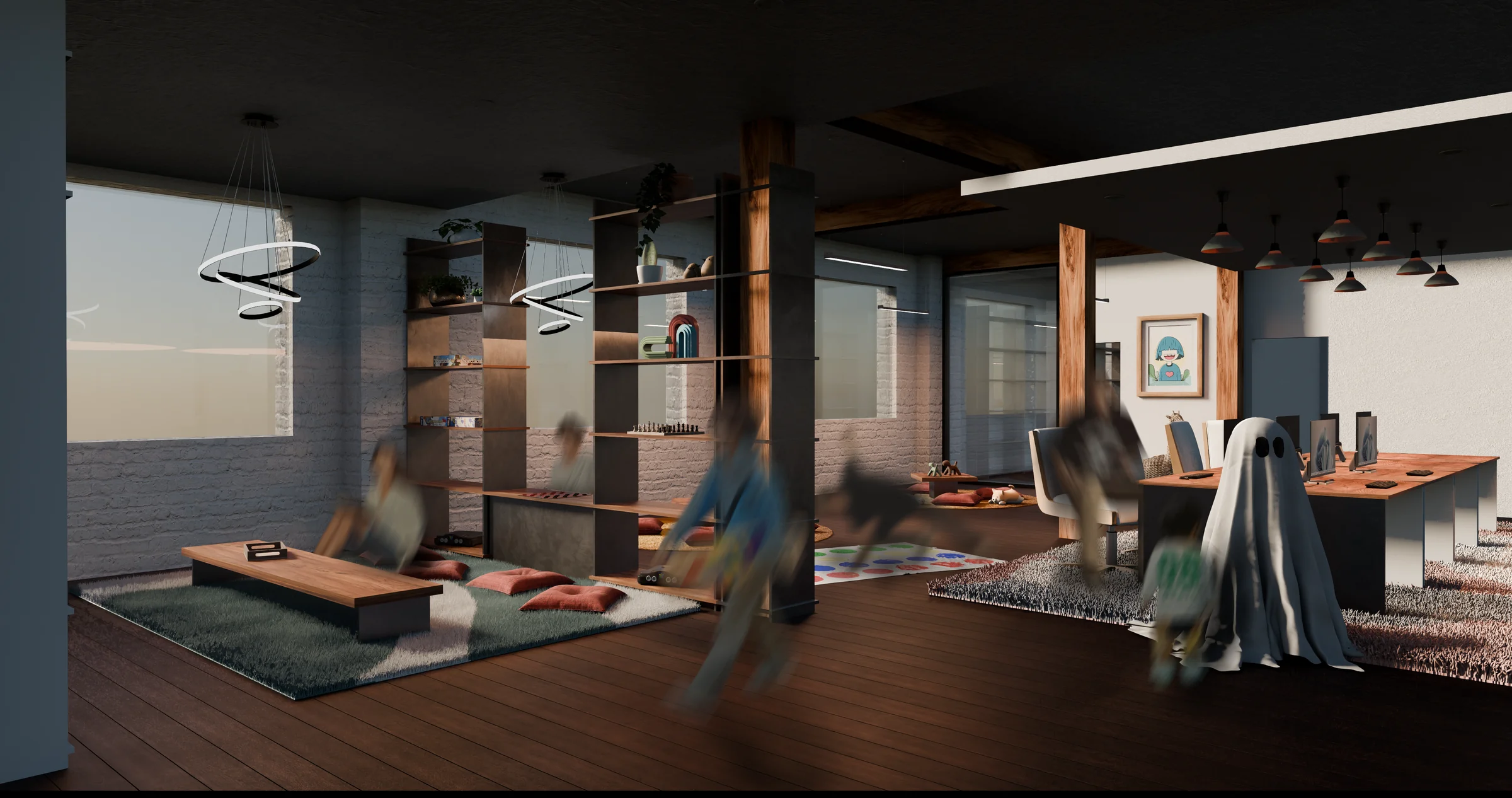 Rendered second floor lounge from Adolescent Escape.