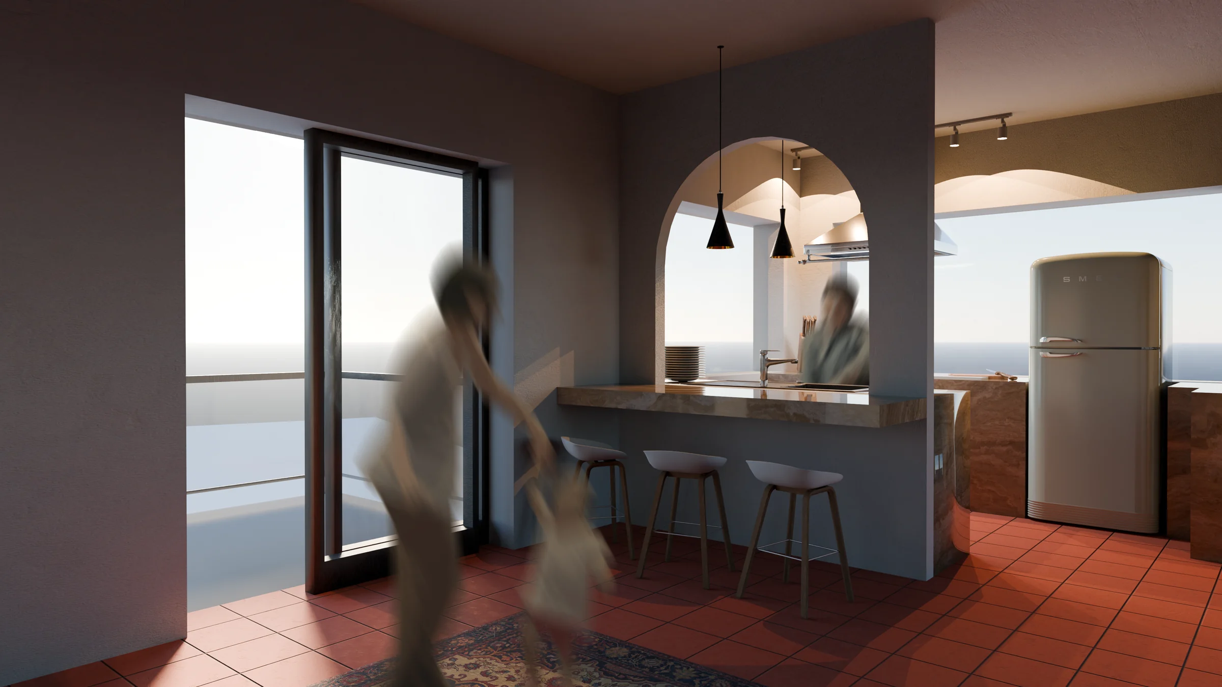 Rendered kitchen and living space from Ανάληψη.