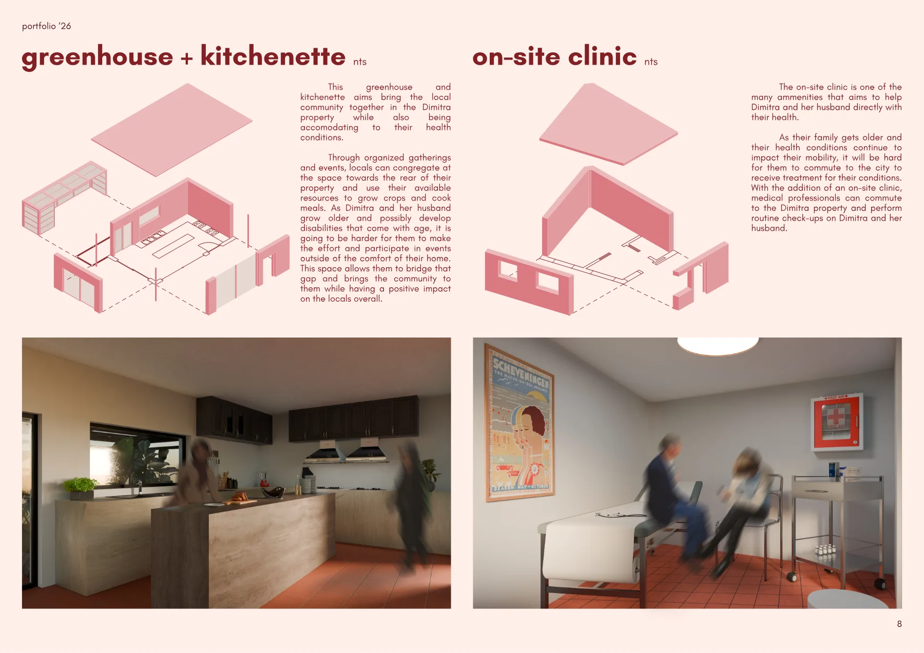 Ανάληψη greenhouse, kitchenette, clinic axons, and renderings.
